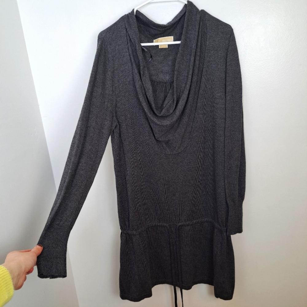 MICHAEL KORS Grey Knit Cowl Neck Drawstring‎ Waist Mini Shirt Dress Size XL